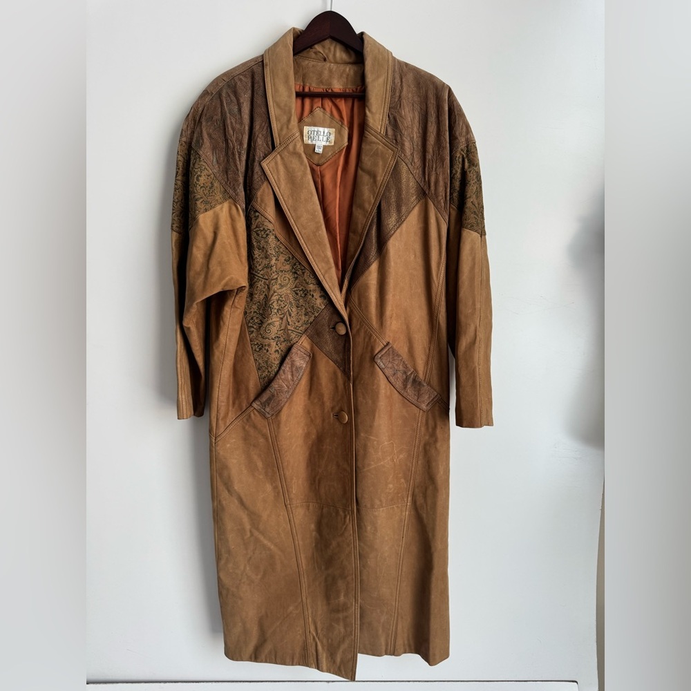Otello Pelle 100% Leather Trench‎ Coat Women's Large Patchwork Vintage Chocolate